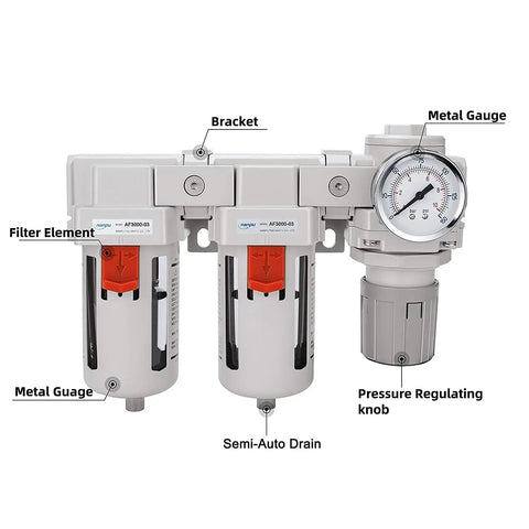 3/8 Inch NPT Air Drying System With Dual Filters And Regulator, Semi Auto Drain, Poly Bowl, 70 SCFM At 90 PSI, front view