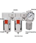 Front view of Beefy Half Inch NPT Air Drying System with dual 5 micron brass filters, regulator combo, and semi-auto drain poly bowl.