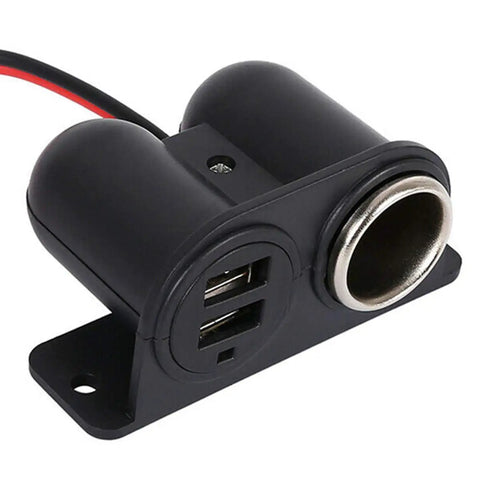 Top Tier No Fuss Ride Ready Under Dash Cigarette Lighter Adapter Featuring Dual 3.1A USB Quick Charge Outlets For 12V And 24V Cars Trucks Suv Hardwire Kit showing black dual USB socket and cigarette lighter outlet.