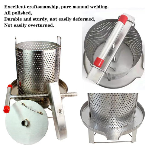 Smooth Operator Manual Honey Press And Beeswax Extractor Machine With Heavy Duty Stainless Steel Frame. Close-up of durable perforated stainless steel design.