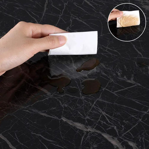 Cleaning spill on marble contact paper self adhesive waterproof PVC white kitchen countertop and cabinet liner peel and stick.