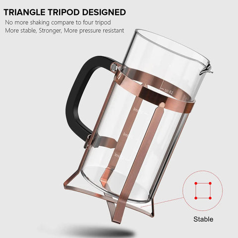 Stainless Steel French Press Coffee Maker With Borosilicate Glass Carafe Copper Finish 21 Ounce Capacity Four Level Filter BPA Free