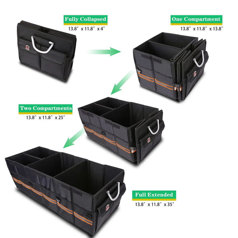 Trunk Organizer For Cars And SUVs Waterproof Collapsible Cargo Organizer With Durable Multi Compartments Oversize Black Sturdy Trunk Storage fully expanded and collapsed view