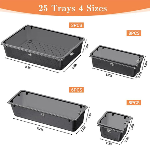 25 Piece Plastic Drawer Organizer Set With 4 Size Versatile Trays And Storage Bins For Makeup Jewelry Gadgets In Bathroom Bedroom And Office Clear Black