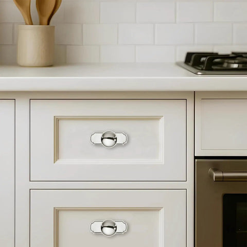 Five Pack Heavy Duty Polished Nickel Cabinet Knobs And Backplates, 1 25 Inch Center To Center, Built Like A Truck Zinc Alloy Vintage Drawer Pulls For Breezy Kitchen Refresh Upgrades on white cabinets.