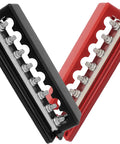 Heavy Duty 600A Power Distribution Block Built Like A Tank With Eight M10 Terminal Studs For Marine Automotive RV Truck And Car Battery Wiring And Repairs Setup showing black and red bar assemblies.