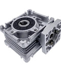Beefy Nema 23 Stepper Worm Gear Reducer With 11mm Input And 14mm Output Shaft From 5 To 1 Up To 80 To 1 Reduction Low Noise High Efficiency Smooth Wide Speed Range High Precision Easy Setup For CNC And 3D Printing. Close-up view of metallic gearbox.