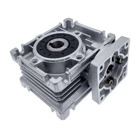 Beefy Nema 23 Stepper Worm Gear Reducer With 11mm Input And 14mm Output Shaft From 5 To 1 Up To 80 To 1 Reduction Low Noise High Efficiency Smooth Wide Speed Range High Precision Easy Setup For CNC And 3D Printing. Close-up view of metallic gearbox.