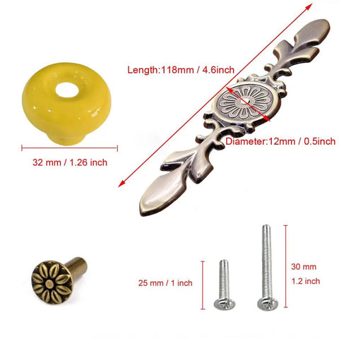 Dang Solid Vintage Ceramic Cabinet Knobs And Drawer Pulls 8 Pack Petal Design Zinc Alloy Back Plate Hardware For Kitchen Wardrobe With Easy Peasy Install, yellow ceramic knob and zinc alloy pull hardware dimensions.