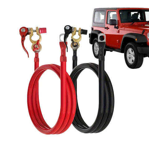 Flexible Heavy Duty Battery Cable Connector And Extension Wire For Truck Marine Golf Cart Motorcycle And Automotive Uses Tinned Oxygen Free Copper Ends For Reliable Power To Alternator And Starter Vehicle Maintenance Kit, red and black cables next to a red jeep