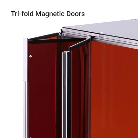 Close-up view of tri-fold magnetic doors on the Kick-Ass 3D Printer Enclosure with heavy duty blower protecting A350T and F350 machines.