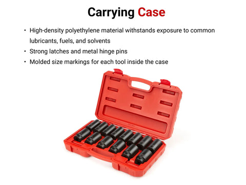 Half Inch Drive Deep 6 Point Impact Socket Set With Case, 14-Piece, Metric 25-38 Mm, in red carrying case open