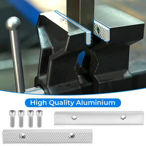 Shop Floor Approved Aluminum Vise Jaws With Offset Build Designed To Hold Firm At 5 1/2 Inches Wide And 3 Inch Center Spacing close-up on replacement jaws in use.