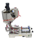 Heavy Duty Double Head Piston Liquid Filling Machine With Heating Stirrer And Mixer For Thick Pastes Cream Oil Chili Sauce Crushing 50 To 500 Ml Batches 110V Built Different Gear with stainless steel build and control panel.