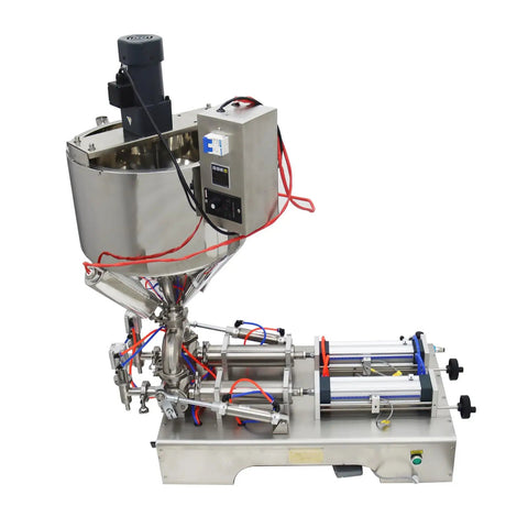 Heavy Duty Double Head Piston Liquid Filling Machine With Heating Stirrer And Mixer For Thick Pastes Cream Oil Chili Sauce Crushing 50 To 500 Ml Batches 110V Built Different Gear with stainless steel build and control panel.