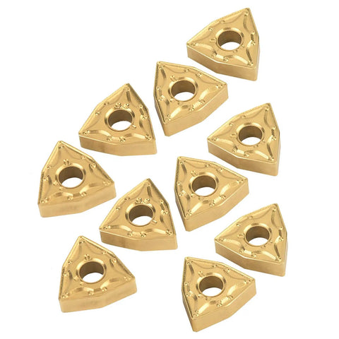 10 Pack WNMG 432 Carbide Insert Blades For CNC Lathe Turning, Beefy High Density Coated Inserts With Superior Wear Resistance For Stainless Steel Machining Now, gold color, triangular shape