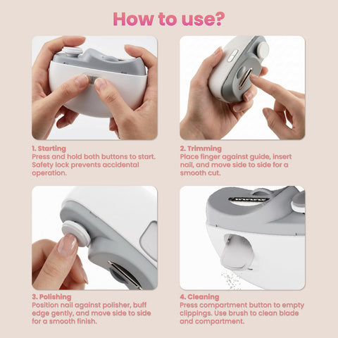 Upgraded Electric Nail Clipper With Adjustable Speeds And LED Light Automatic Trimmer For Babies Kids Adults Seniors Safe Painless Grooming Device Easy One-Touch Operation Includes Storage Case tutorial showing use steps.