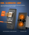 Orange Backlit 5 Pin On Off Rocker Switch For UTV LED Light Bars SPST Single Pole Rock Solid Durable Plastic Housing Easy Install Replacement Button 12V DC Operation High Conductive Pins Weather Resistant front and side view, orange illuminated LED button