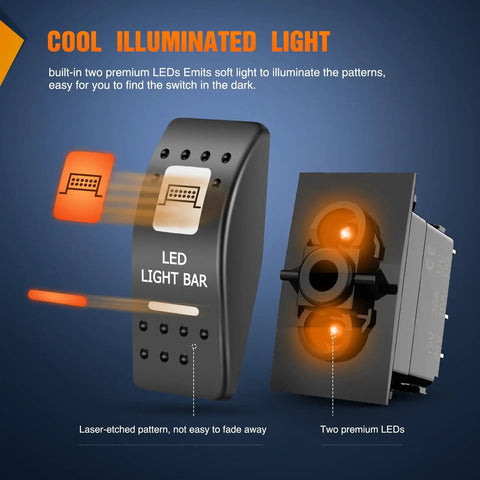 Orange Backlit 5 Pin On Off Rocker Switch For UTV LED Light Bars SPST Single Pole Rock Solid Durable Plastic Housing Easy Install Replacement Button 12V DC Operation High Conductive Pins Weather Resistant front and side view, orange illuminated LED button