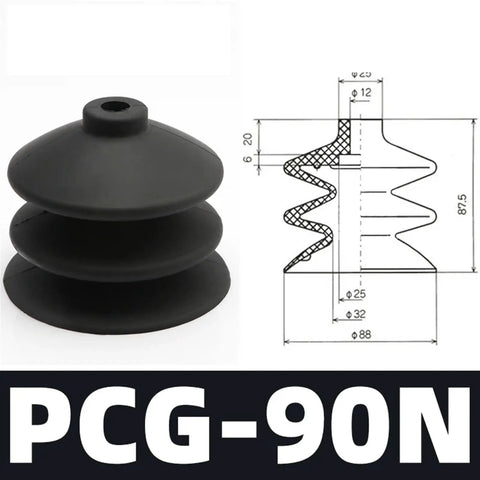 Upgraded PcG90 Pneumatic Robot Gripper With Industrial Rubber Suction Cups Chuck shown in black, detail and dimensions for factory production use.