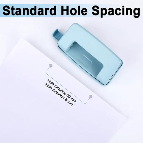 Adjustable 2 Hole Paper Punch For A4 A5 B5 Paper Sizes Metal Hole Puncher in bright blue with standard hole spacing and paper illustration.