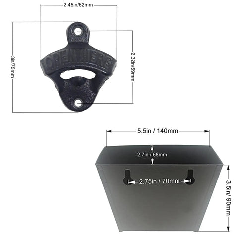 Hefty Black Cast Iron Wall Mounted Beer Bottle Opener With Spacious Cap Catcher Bucket. Sizes: opener 2.45x3 inches, bucket 5.5x3.5 inches.