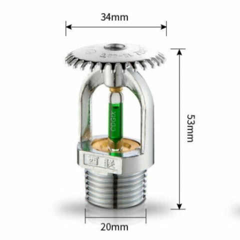 Six Piece Upright Fire Sprinkler Heads Bulk Pack 199 Degree Green Bulb Half Inch Thread Auto Activation, chrome finish, dimensions 34mm x 53mm.