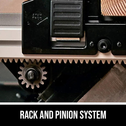 Close-up of the rack and pinion system on the Tough Workhorse 10 Inch Worm Drive Table Saw with Rolling Stand.