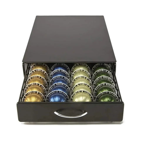 Large Capacity Coffee Pod Storage Drawer With A Slick Glide Rail, Heavy Duty Capsule Organizer Rack displaying colorful coffee pods arranged neatly.