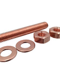 Close-up of Built To Last M8 Copper Thread Rod Set With Hex Nuts And Flat Washers, showing detail of copper threading and components.