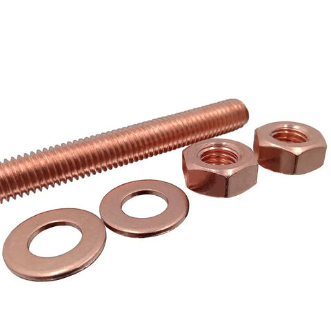 Close-up of Built To Last M8 Copper Thread Rod Set With Hex Nuts And Flat Washers, showing detail of copper threading and components.