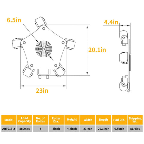 Amarite Heavy Duty Machine Skates 8800 Lb Capacity with integrated casting frame and swivel rollers, dimensions 23in x 20.1in.