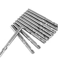 Angled view of a 10-piece set of 1/8 in shank tungsten carbide single-flute end mills for CNC routing.
