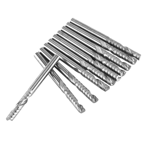 Angled view of a 10-piece set of 1/8 in shank tungsten carbide single-flute end mills for CNC routing.