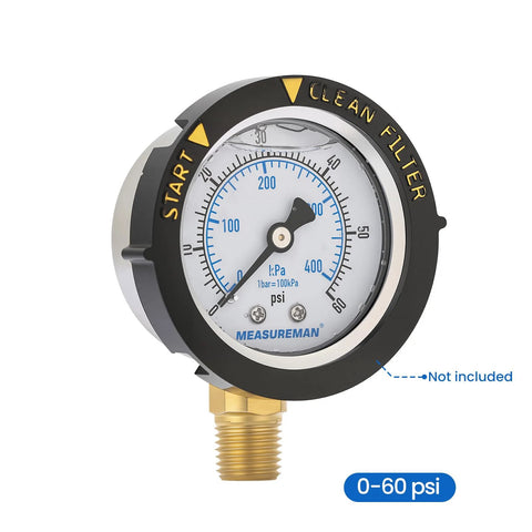 MeasureMan pool filter pressure gauge, 0-60 psi, 2-inch dial, brass 1/4-NPT bottom mount