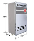 Top Shelf Stainless Steel Natural Gas Outdoor Tankless Water Heater Pumping Sick Hot Water At 9.5 Gpm With 199900 Btu Power, front view with dimensions.
