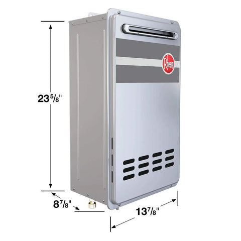 Top Shelf Stainless Steel Natural Gas Outdoor Tankless Water Heater Pumping Sick Hot Water At 9.5 Gpm With 199900 Btu Power, front view with dimensions.