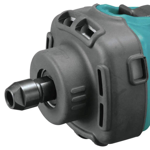 Close-up of heavy duty 18V cordless die grinder quarter inch chuck designed for easy maneuverability in tight spaces.