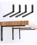 Heavy Duty L Shaped Corner Brackets For Wall Shelf Support installed under a wooden shelf, showcasing sturdy black steel construction.