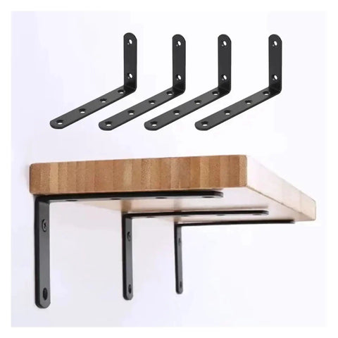 Heavy Duty L Shaped Corner Brackets For Wall Shelf Support installed under a wooden shelf, showcasing sturdy black steel construction.