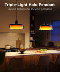 Modern Three Layer Pendant Lights For Kitchen Island Featuring Rgbic Smart Color Changing Strips And Dimmable Warm White Output hanging above a kitchen island.
