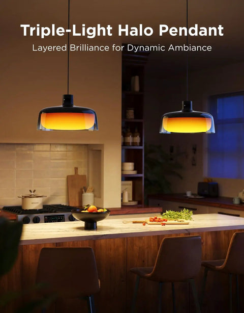 Modern Three Layer Pendant Lights For Kitchen Island Featuring Rgbic Smart Color Changing Strips And Dimmable Warm White Output hanging above a kitchen island.