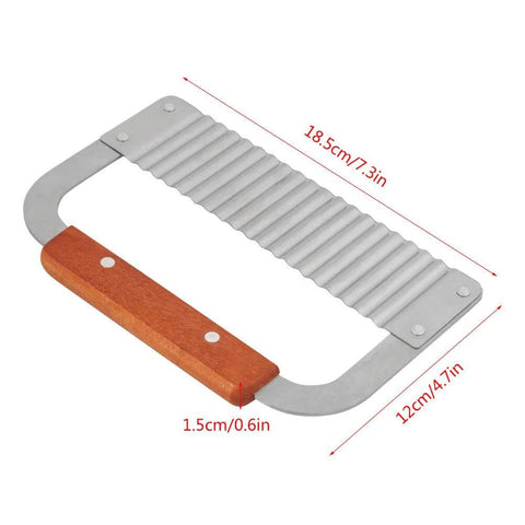 Wavy Soap Cutter: stainless steel crinkle-cut slicer with wooden handle for kitchen use