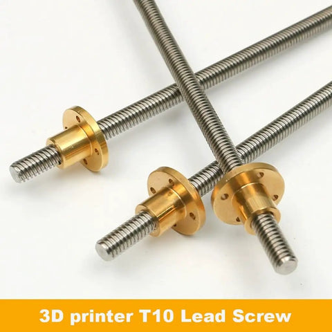 Stainless Steel T10 Trapezoidal Lead Screw For 3D Printers, 10mm Dia, 2mm Lead And Pitch, Copper Nut, Lengths From 100mm To 1200mm, Beefy For Stepper Motor Drives And Guide Rails, One Color Finish, shown with copper nuts