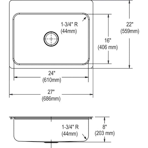 Dayton Single Bowl Stainless Steel Sink With Dual Mount Capability Drop In Or Undermount Slim Rim dimensions diagram
