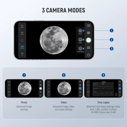 Dope 1.25 Inch WiFi Eyepiece for Telescopes With App Control and USB C 2MP 1080P Guiding Camera showing camera modes.