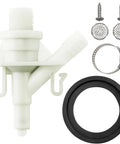 RV Toilet Valve Kit Easy Install Replacement for Pedal Flush Toilets 300 301 310 311 320 321, Compatible Upgrade for Camper And Motorhome Plumbing With A Reliable Seal And Long Lasting Performance For Stress Free RV Use. White plastic valve kit with gasket, clamp, screws and filters
