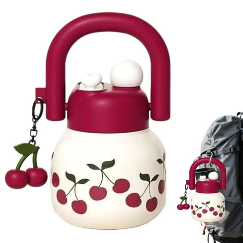 800ml Large Capacity Water Bottle With Handle For Sports And Hiking, cherry design, attached to a backpack