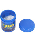 Open jar of Eco Friendly Solder Paste Flux Cream for Electronics Repair 100g with blue lid, perfect for BGA PGA CSP rework and PCB reflow.