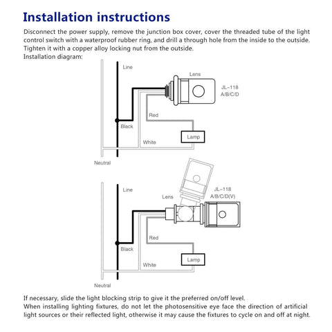 Installation diagram for Two Pack Outdoor Dusk To Dawn Photocell Sensor Switch For 120V AC Lighting with wiring instructions.